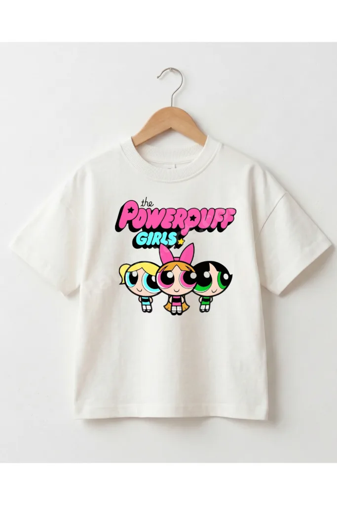 Powerpuff Girls Baskılı Kız Çocuk Oversize Tişört %100 Pamuk Kısa Kollu Çocuk Tişörtü
