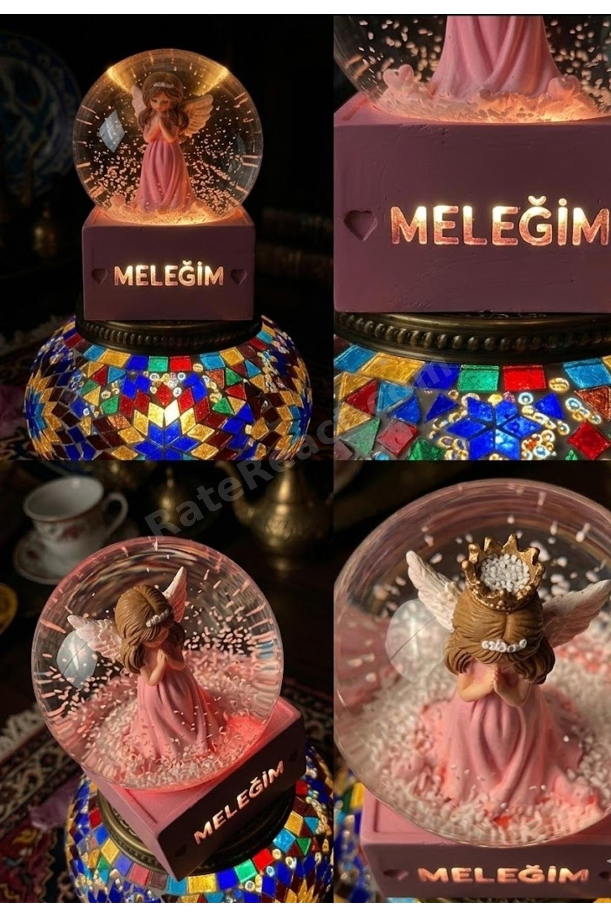 MELEĞİM Yazılı Kanatlı Melek Figürlü Romantik Hediyelik Çoklu Renk Geçişli Hediyelik Kar Küresi