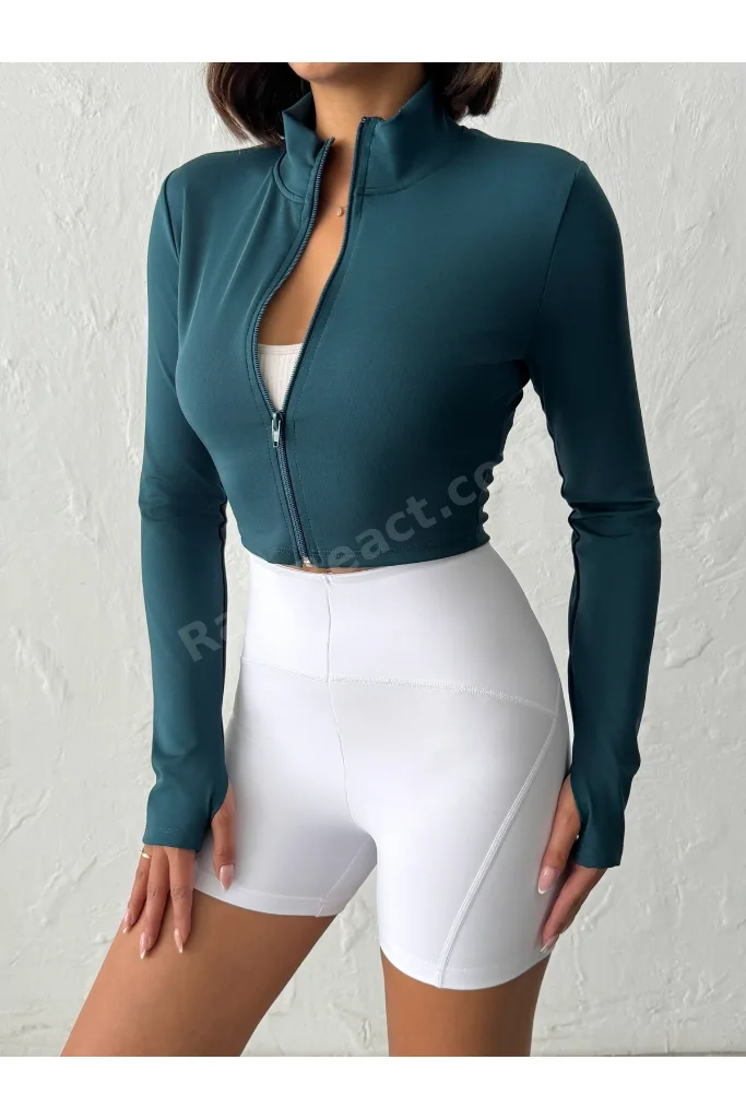 Soft Kumaş Parmak Geçme Detaylı Fermuarlı Örme Spor Ceket/Sweatshirt