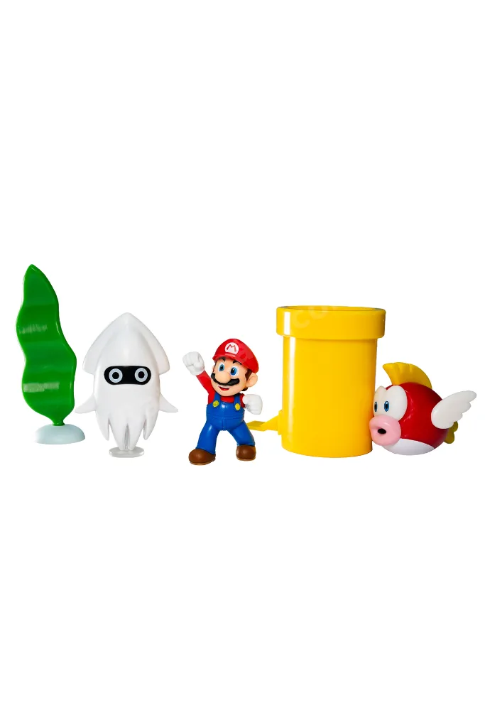 Super Mario Sualtı Diorama Oyun Seti, 6.5 cm Mario, Blooper ve Cheep Cheep Figürleri, Aksesuarlı Sualtı Temalı Oyuncak Seti