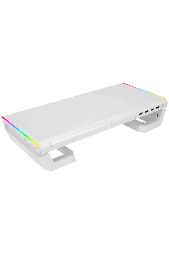 ST1 4 USB Hub RGB Işıklı Katlanabilir Yükseklik Ayarlı Beyaz Monitör Standı Yükseltici Stand