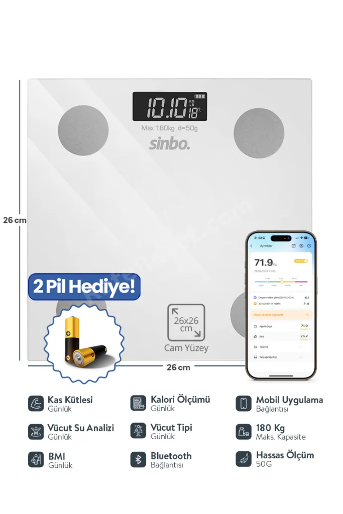 SBS-4471 Yağ Ölçer Fonksiyonlu Akıllı Bluetooth Baskül - 26 cm