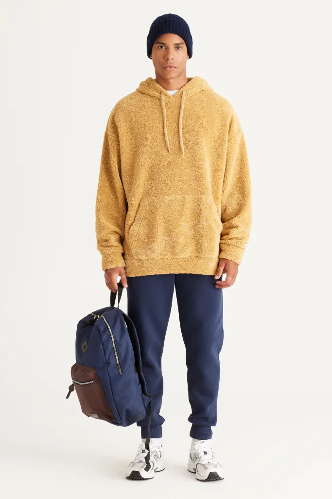 Erkek Hardal Oversize Bol Kesim Kapüşonlu Sherpa Sweatshirt Polar