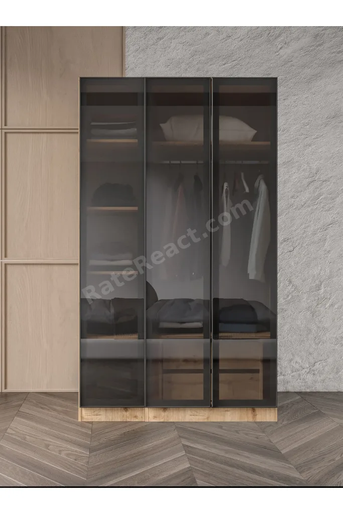 Altay Kayra Füme Camlı Alimünyum Kapaklı 2 Çekmeceli Giyinme Dolabı Led Askılıklı Tamamı Mdf