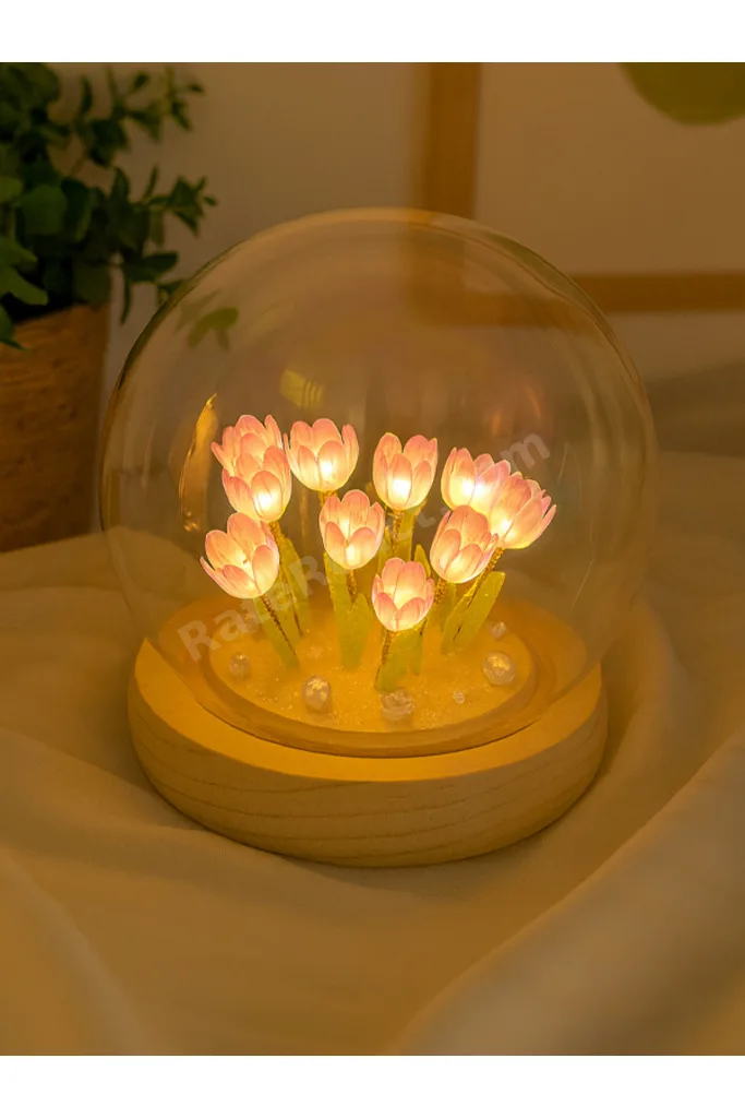 Led Işıklı Lale Cam Fanus Ahşap Tabanlı Dekoratif Gece Lambası Renkli Işıklı Romantik Lale Küre