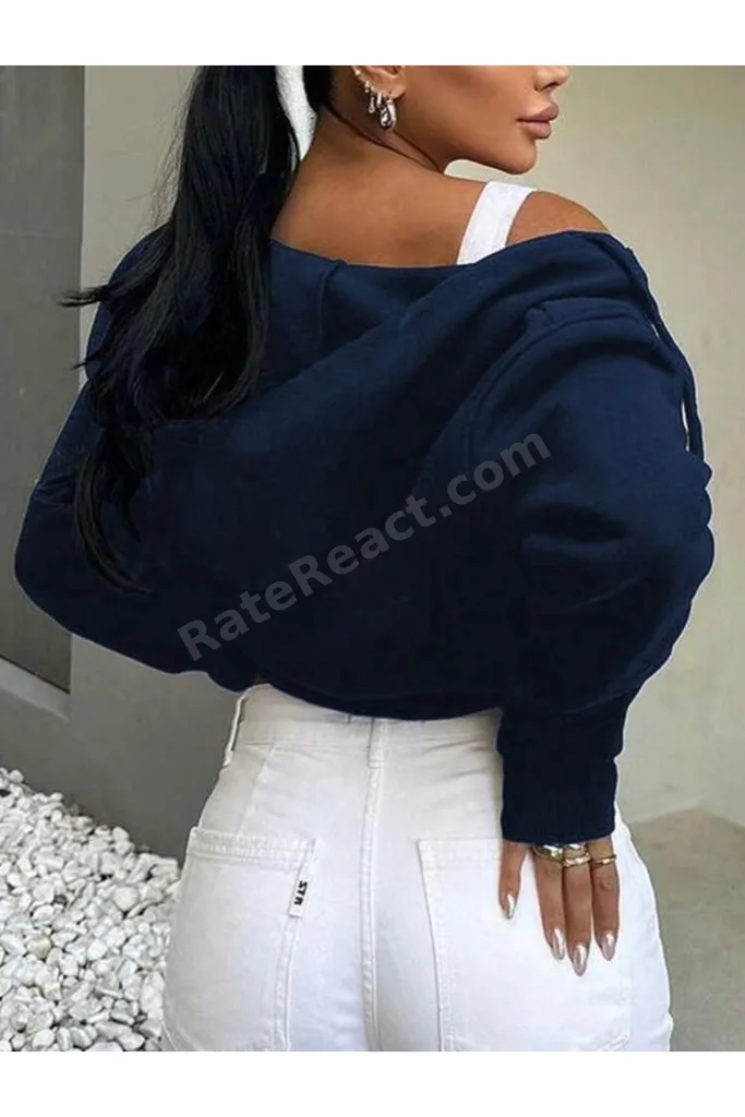 Lacivert Kapşonlu Fermuarlı Crop Sweatshirt Hırka