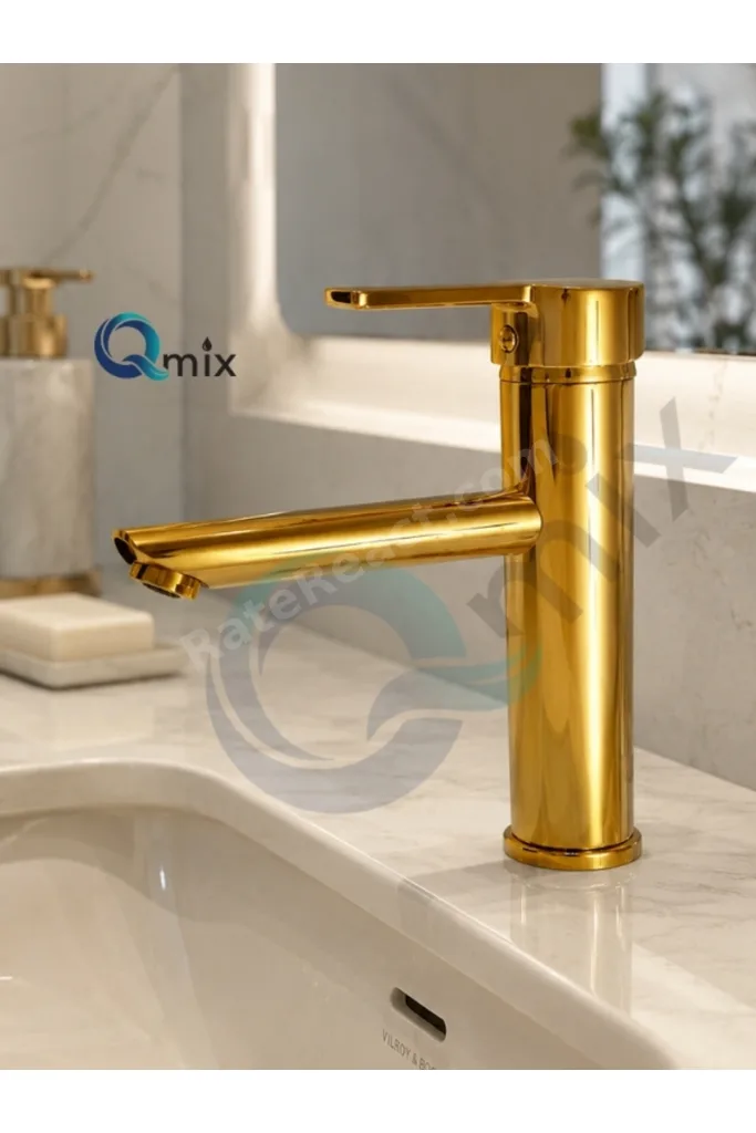 Lüks Parlak Gold Sabit Mix Aç Kapa Kısa Banyo Lavabo Bataryası – Komple Pirinç, Dayanıklı, Modern Tasarım