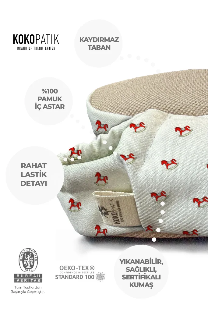Atlı Karınca Desen Patik-Organik Pamuk Bebek Patiği, Kaydırmaz Taban, Yenidoğan Patik
