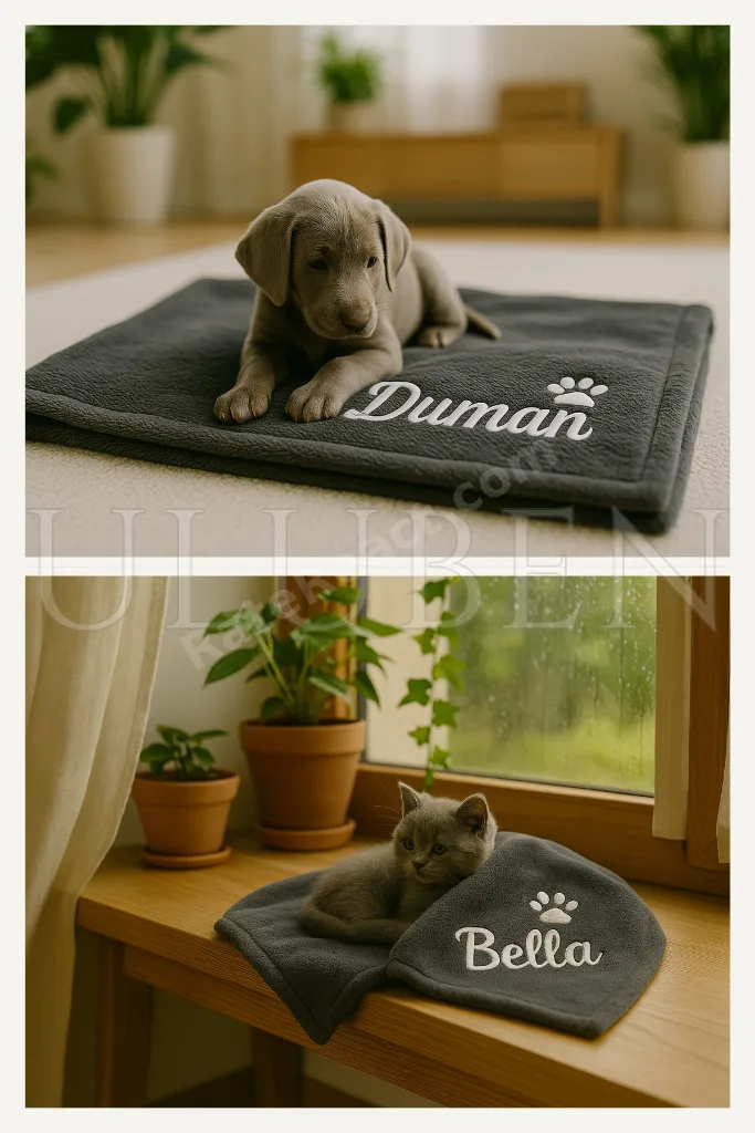 İsimli Kişiye İsme Özel Nakış İşlemeli Antrasit Gri Kedi Köpek Battaniyesi Yıkanabilir Premium Peluş