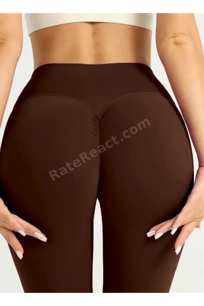 Arkası büzgülü kahverengi yüksek bel likralı spor tayt,yoga taytı