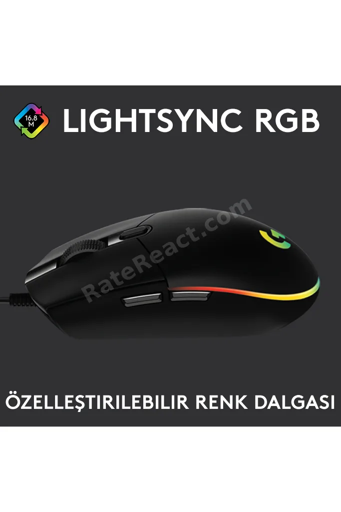 G G102 LIGHTSYNC RGB Aydınlatmalı 8000 DPI Kablolu Oyuncu Mouse, Siyah 910-005823