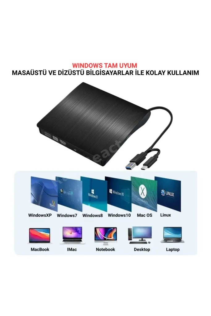 Harici DVD RW Taşınabilir Ultra İnce USB 3.0 Type-C CD/DVD Yazıcı Okuyucu