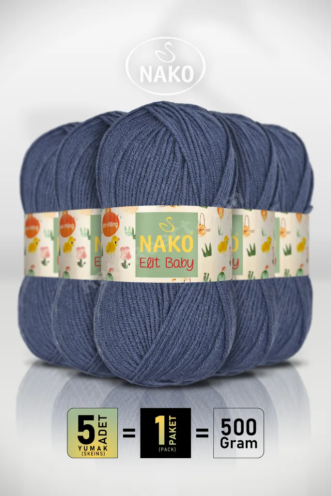 Elit Baby - 5372 İndigo Mavi - 5'li Paket - 100gr/250m - Bebek İpi - Anti Pilling Tüylenmez İp
