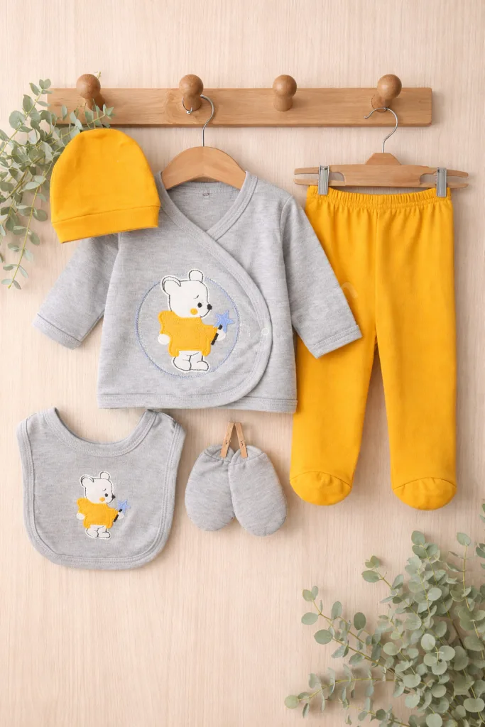 5 Lİ YILDIZLI AYI YENİDOĞAN SET/ERKEK BEBEK HASTANE ÇIKIŞ SETİ /%100 PAMUK 5 Lİ ZIBIN SET