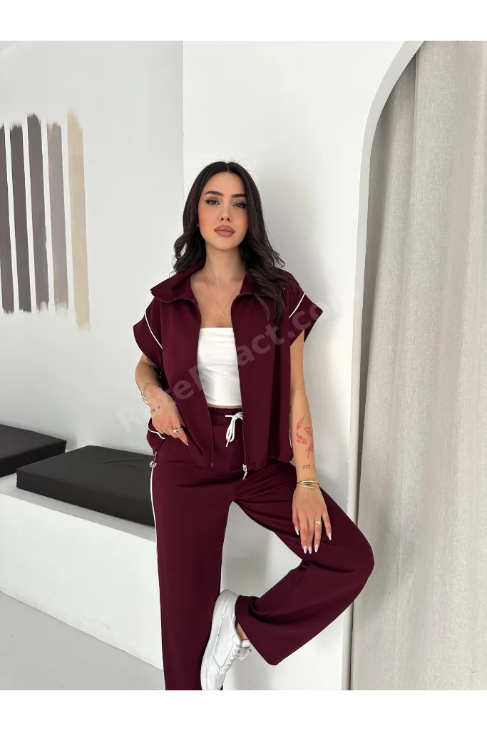 Kadın Modal Kumaş Garnili Sıfır Kol Dik Yaka Oversize Eşofman Takımı