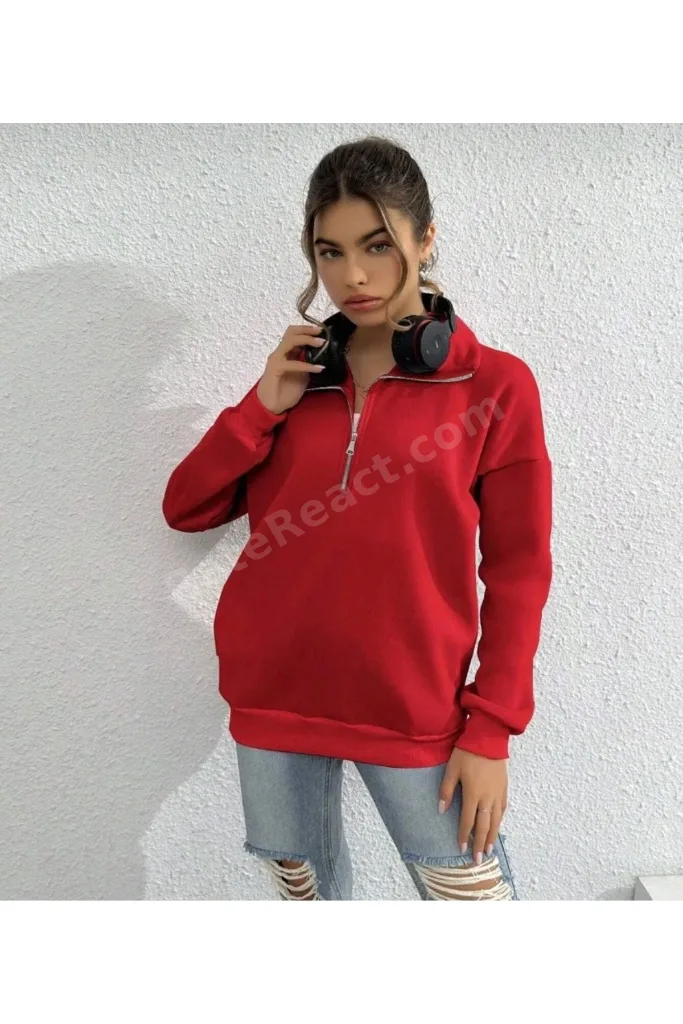Kırmızı Dik Yaka Yarım Fermuarlı Düz Kazak Sweatshirt