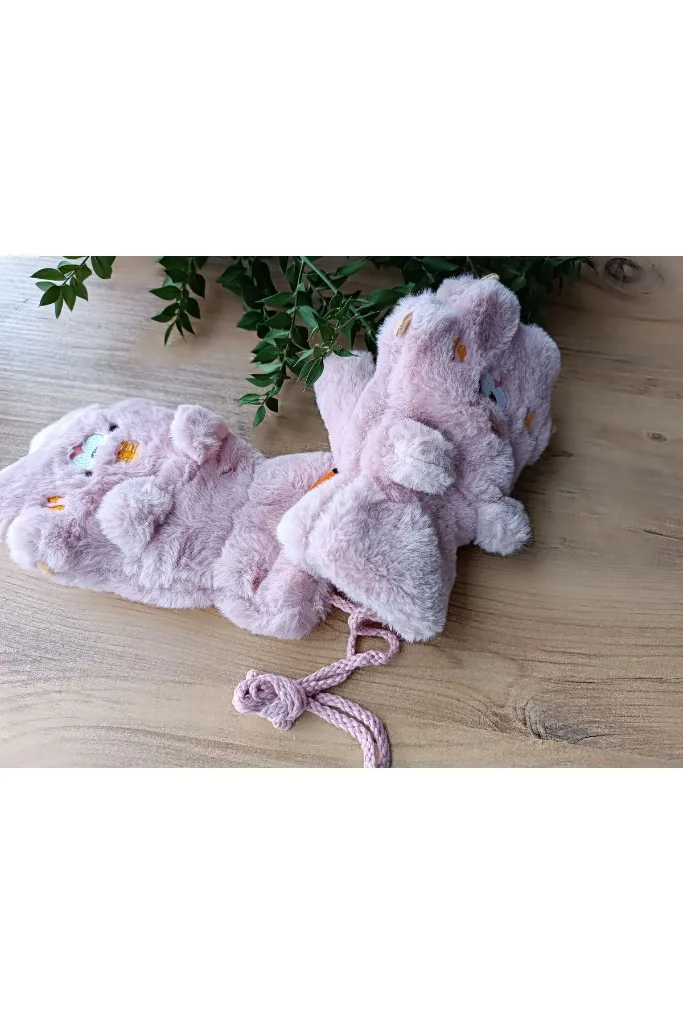 Kışlık Figürlü Bebek Peluş Boyundan Askılı pembe renk Eldiven