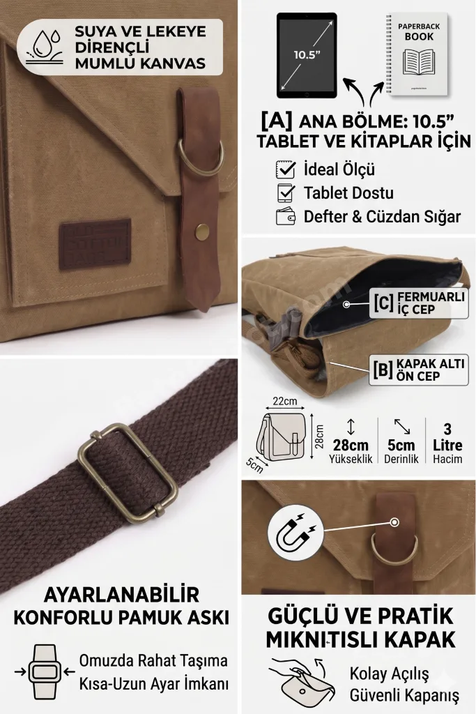 Mumlu Kanvas Erkek Postacı Çantası Günlük Tablet Omuz Çantası 22x28 cm