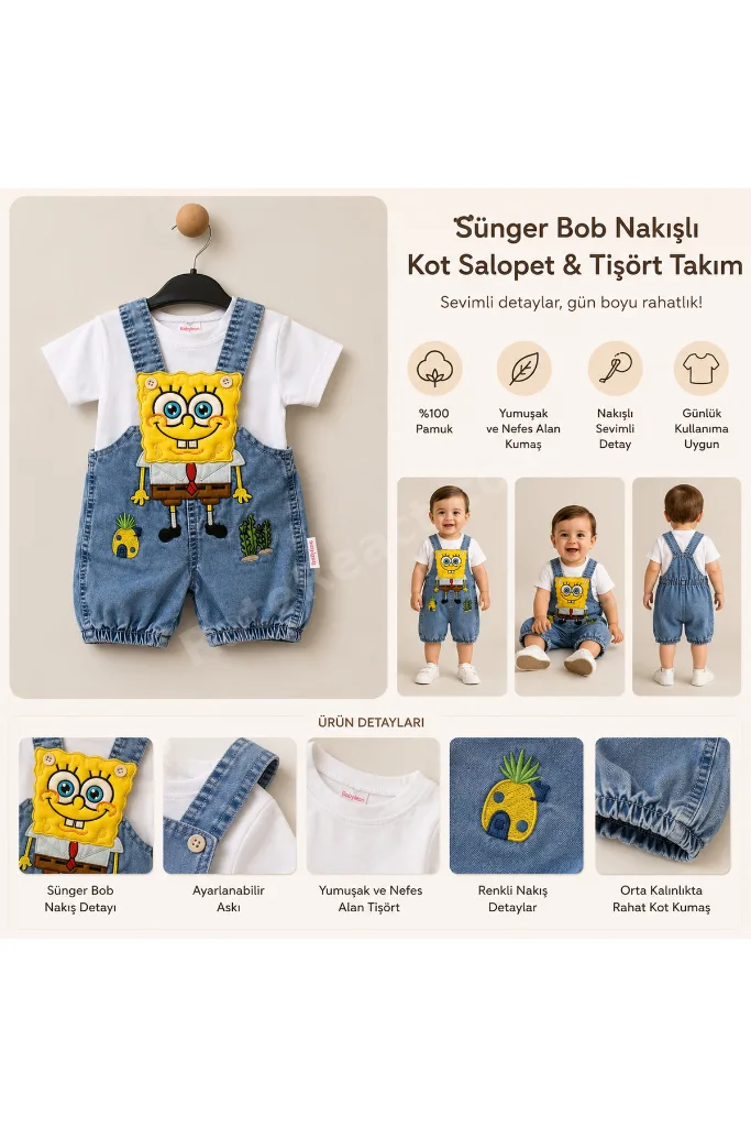 Unisex Bebek Kot Salopet Takımı Sünger Bob Nakışlı Tişörtlü 2 li Yazlık Takım | 6-9-12-18 Ay