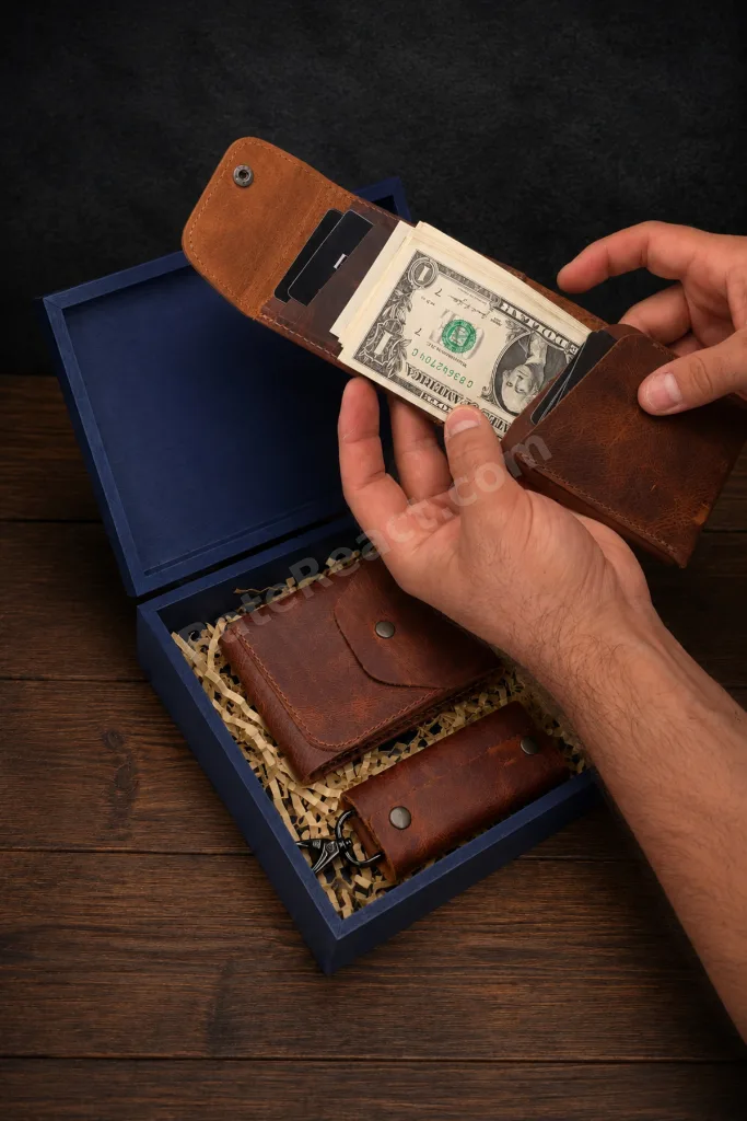 PREMIUM FULL GRAIN HAKİKİ DERİ ERKEK CÜZDAN, ANAHTARLIK VE KILIFI METAL ÇAKMAK HEDİYE SETİ - İSİM BASKISINA UYGUN