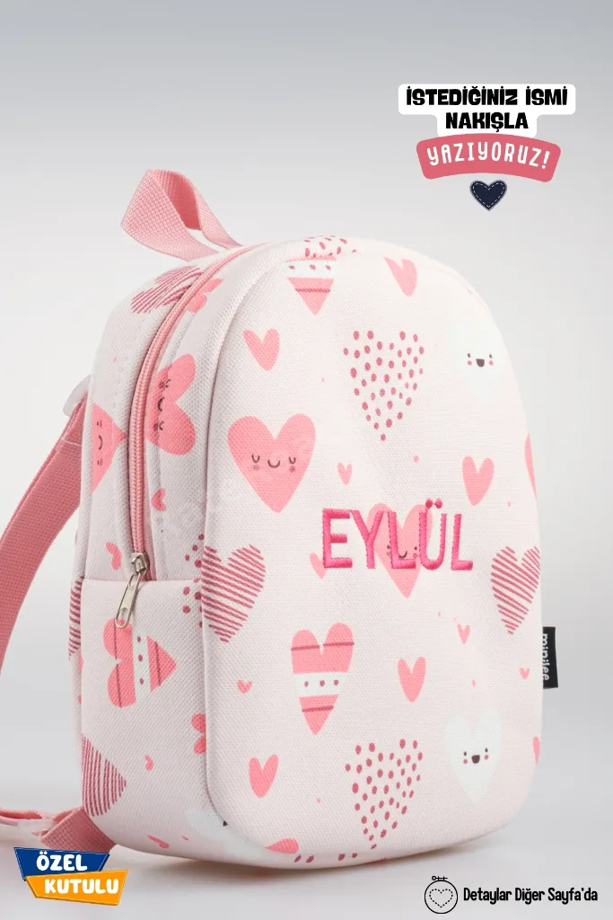 Mini Aşk Kalpleri – Pembe Kalpli Anaokulu Kreş Çocuk Çantası Kişiye Özel Nakışlı
