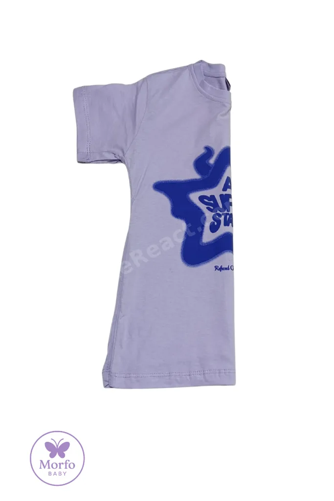 Yıldız Baskılı Kız Çocuk Bisiklet Yaka Lila T-shirt