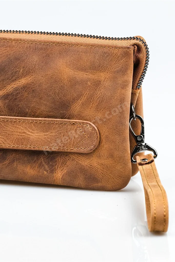 %100 Deri Unisex El Çantası - Erkek & Kadın Için Hediye - Hakiki Dana Derisi Çanta - Kahverengi/taba
