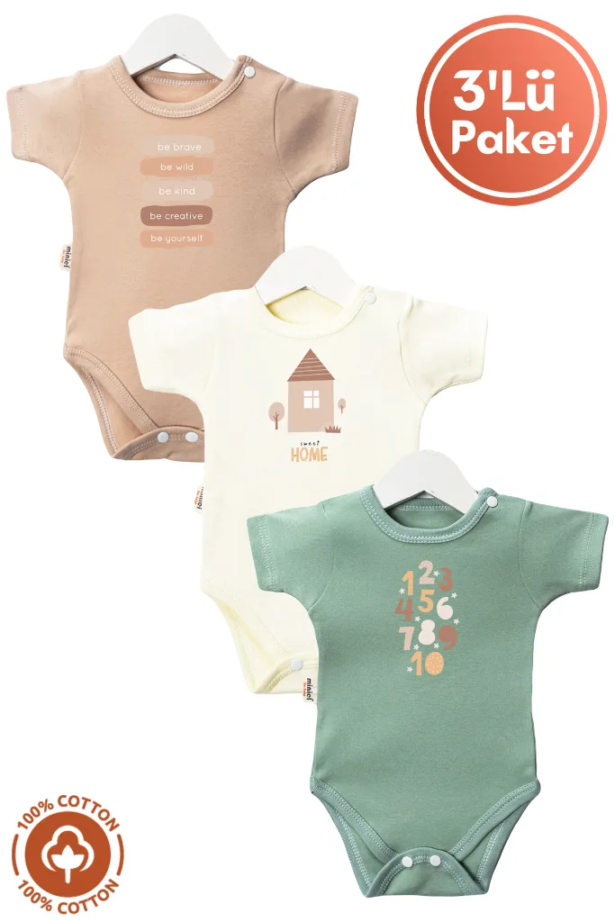 Unisex Bebek %100 Organik Pamuklu Sweet Home Baskılı 3-6-9-12 Ay 3lü Kısa Kollu Bebek Body Zıbın
