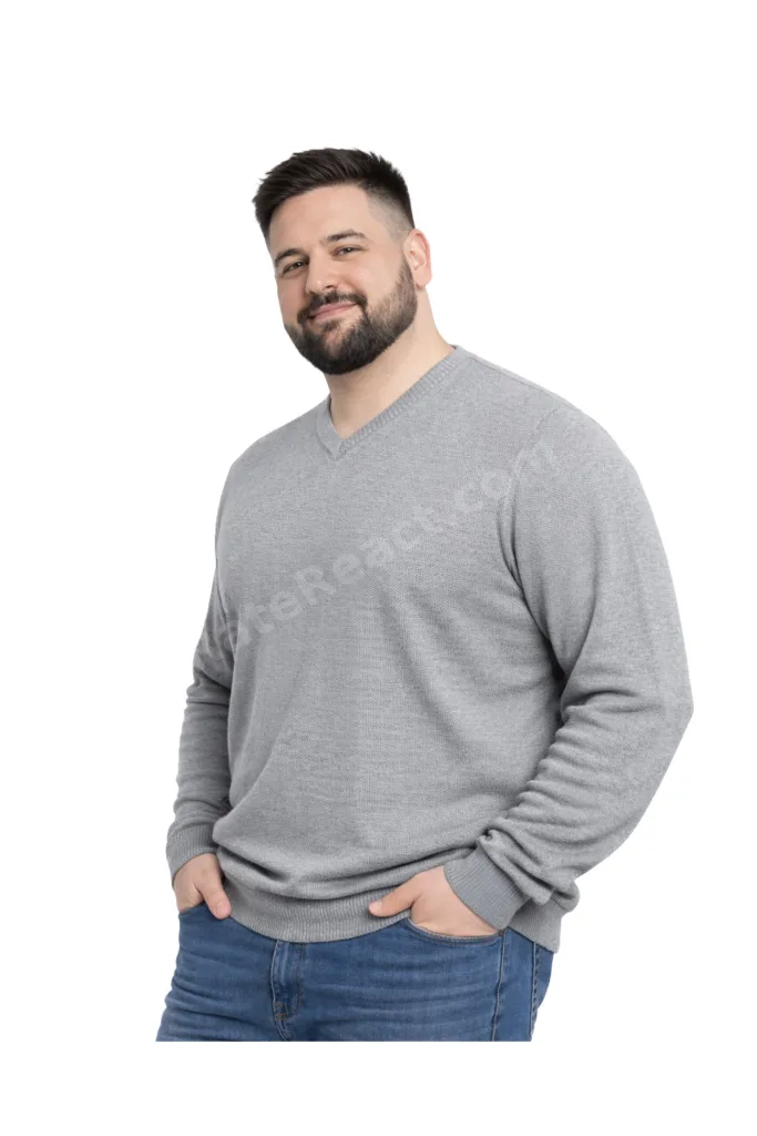 Erkek Büyük Beden Gri V Yaka Triko Kazak 3XL-4XL-5XL-6XL