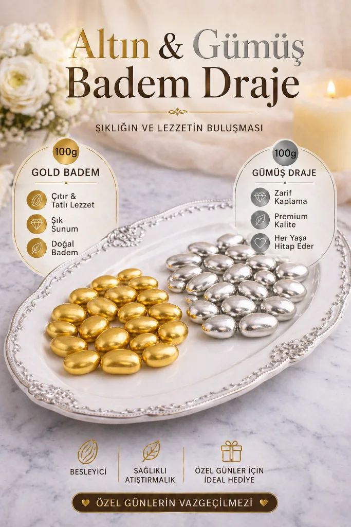 (100 GR) Gold Altın Bademli Draje + (100 GR) Gümüş Bademli Draje Nişan Düğün Hediyelik Tatlı Atıştırmalık