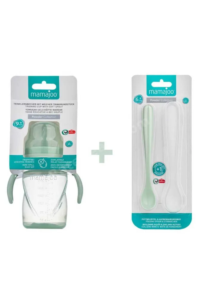 Antikolik Akıtmaz Alıştırma Bardağı 270 ml & İkili Ergonmik Beslenme Kaşığı - Powder Green
