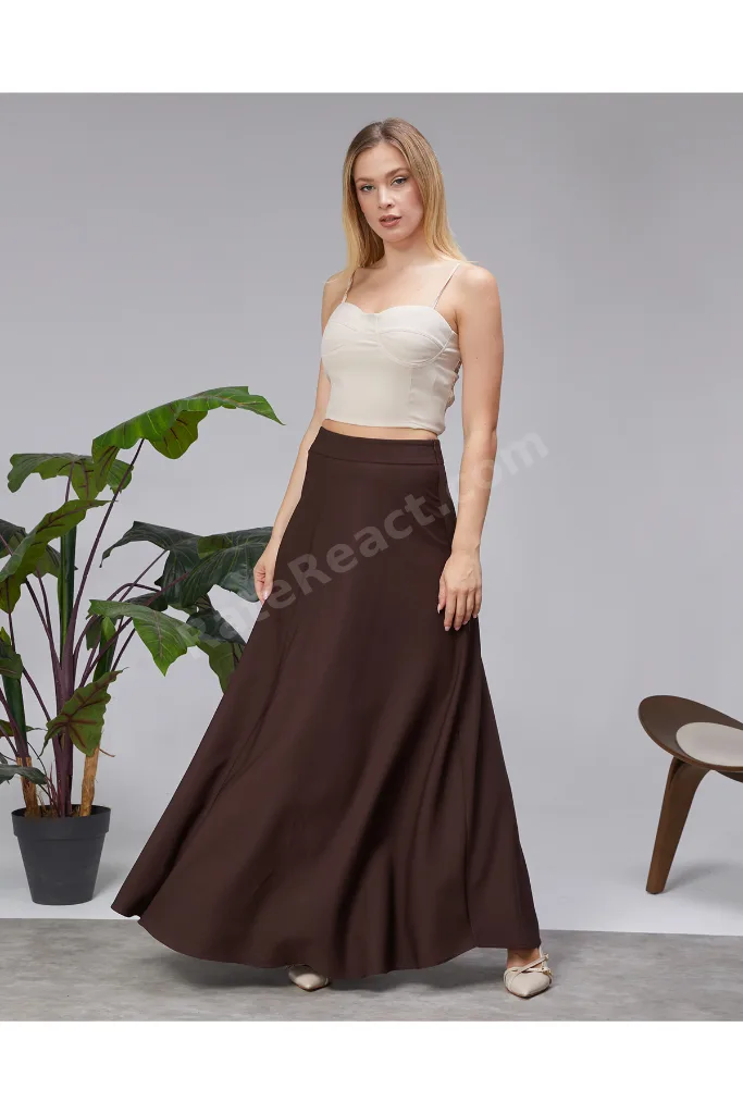 Kahverengi Dabıl Kalın Crep Kumaş Godeli Uzun Etek