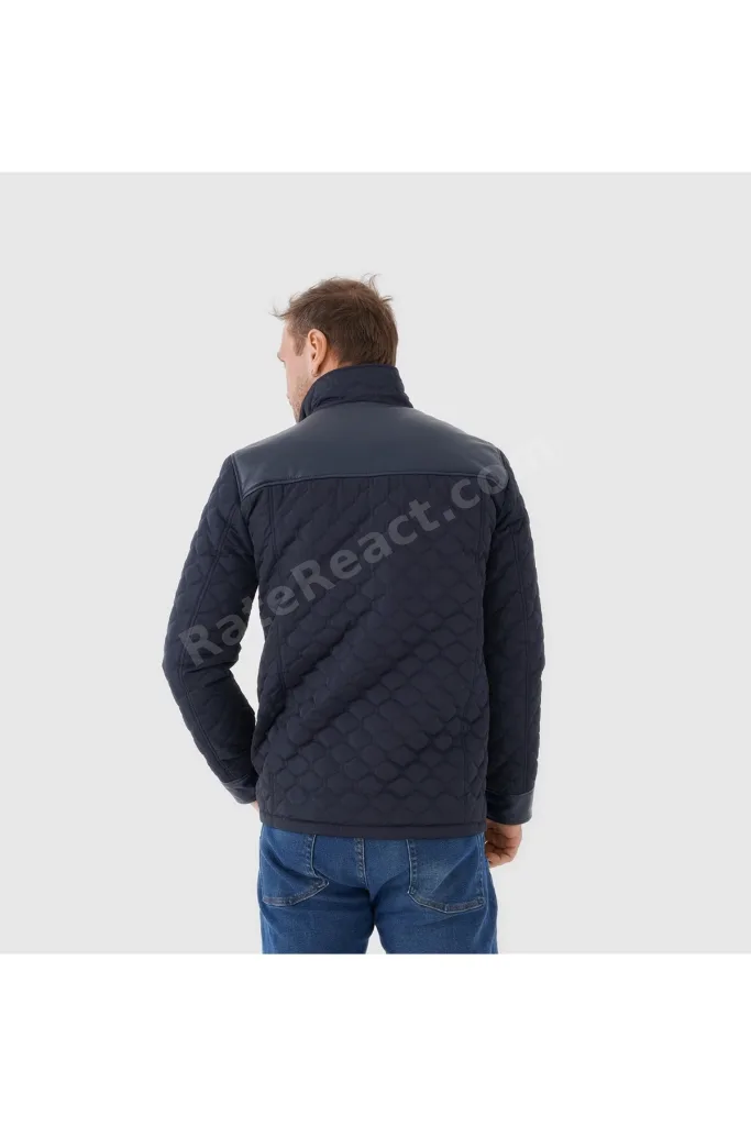 Lacivert Hakiki Deri Erkek Kapitone Deri Mont [810015]