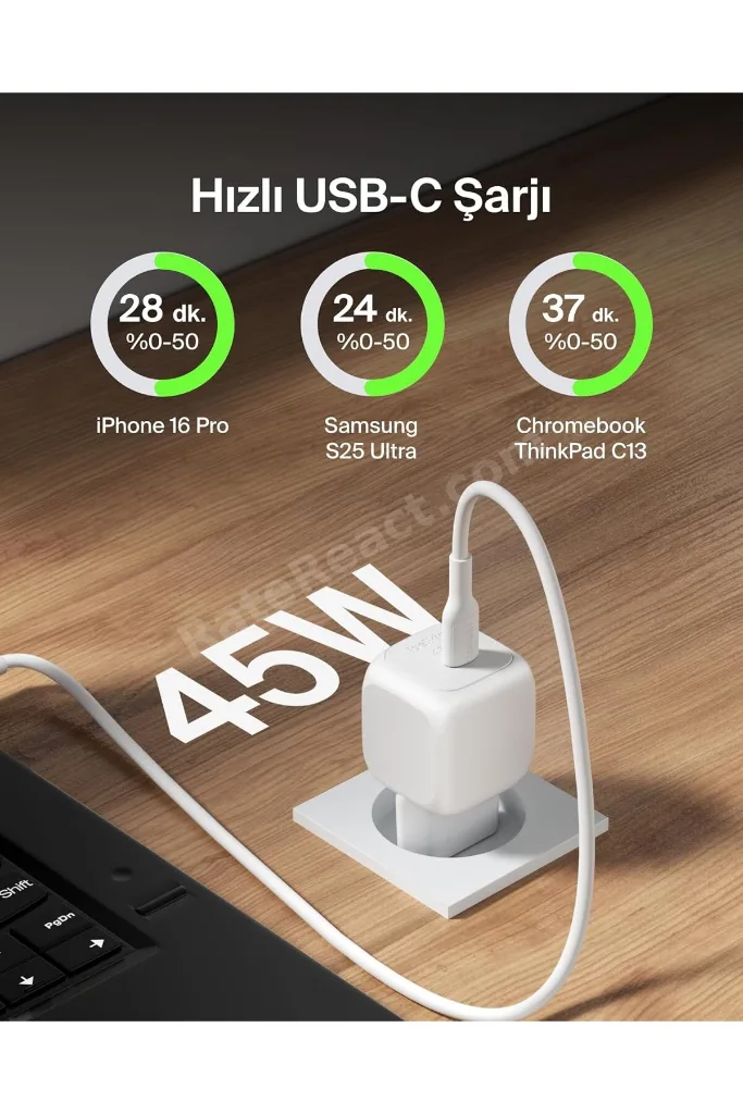 Kompakt 45 W USB-C Güç İletimli Hızlı Şarj Aleti, Beyaz
