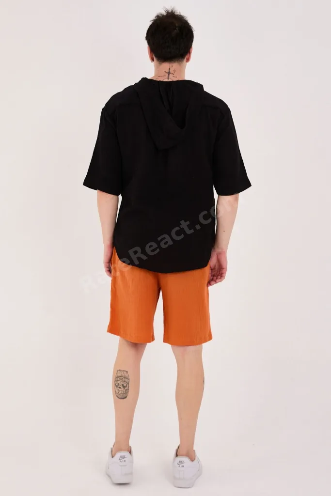 %100 Pamuk Müslin Yazlık Siyah Sweatshirt Kapüşonlu Kanguru Cepli