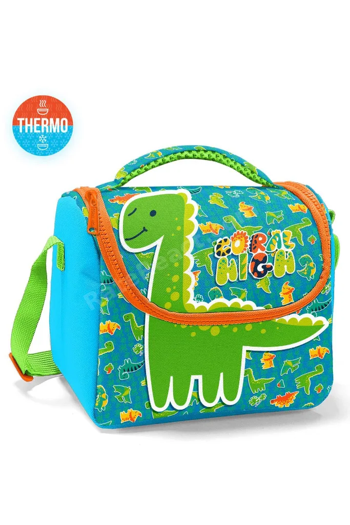 Kids Mavi Yeşil Dinozor Desenli Thermo Beslenme Çantası 12792