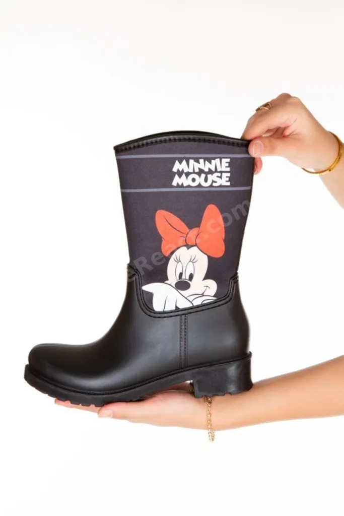 Minnie Mouse Baskılı Su Geçirmeyen Kısa Kadın Yağmur Çizmesi