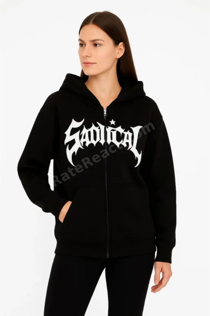 Oversize Kapüşonlu Sweatshirt Hoodie 3 İplik Şardonlu Pamuklu Kumaş, Önü Baskılı, Fermuarlı Raha...