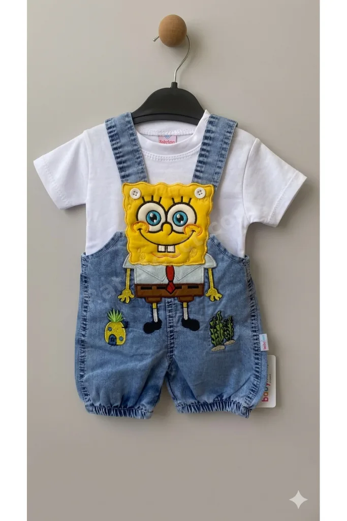 Unisex Bebek Kot Salopet Takımı Sünger Bob Nakışlı Tişörtlü 2 li Yazlık Takım | 6-9-12-18 Ay