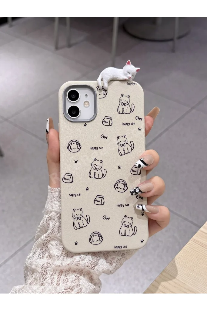 iPhone 11 3D Uyuyan Kedi Figürlü Happy Cat Desenli Silikon Telefon Kılıfı