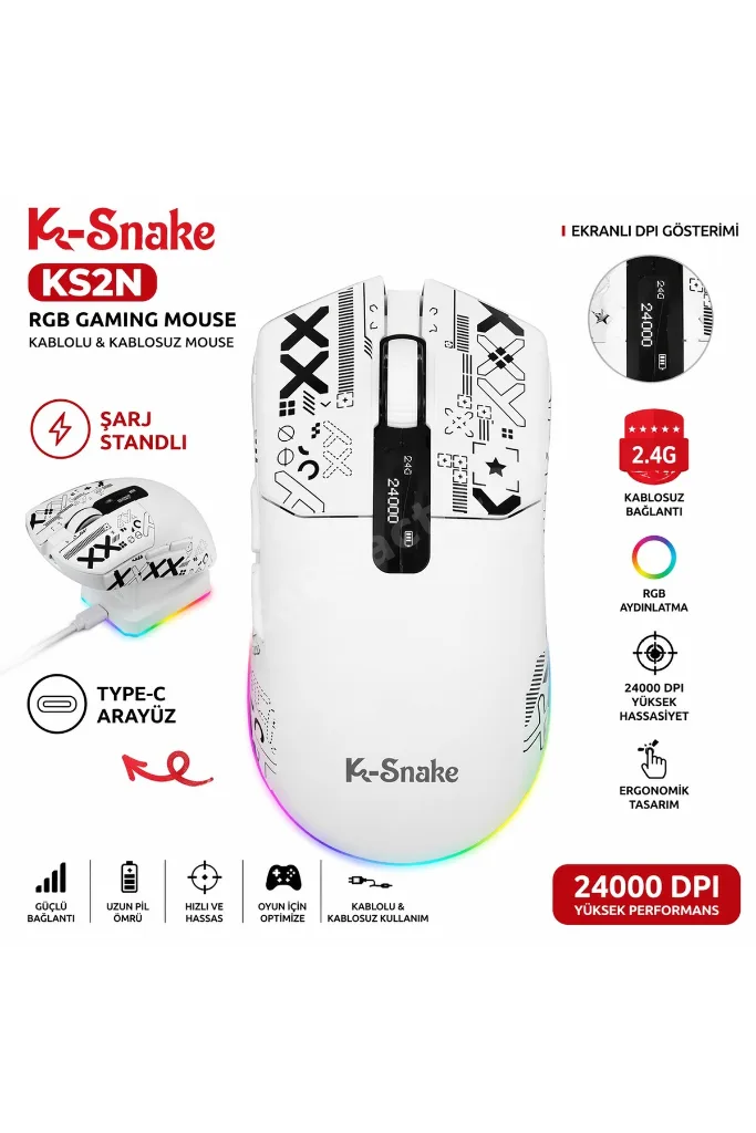 RGB Gaming Mouse 24000 DPI Kablosuz 2.4G Bluetooth Type-C Şarjlı Oyuncu Mouse