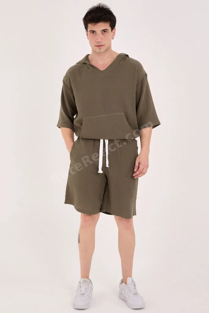%100 Pamuk 2XS-10XL Arası Oversize Müslin Yazlık Hoodie Haki Yeşil