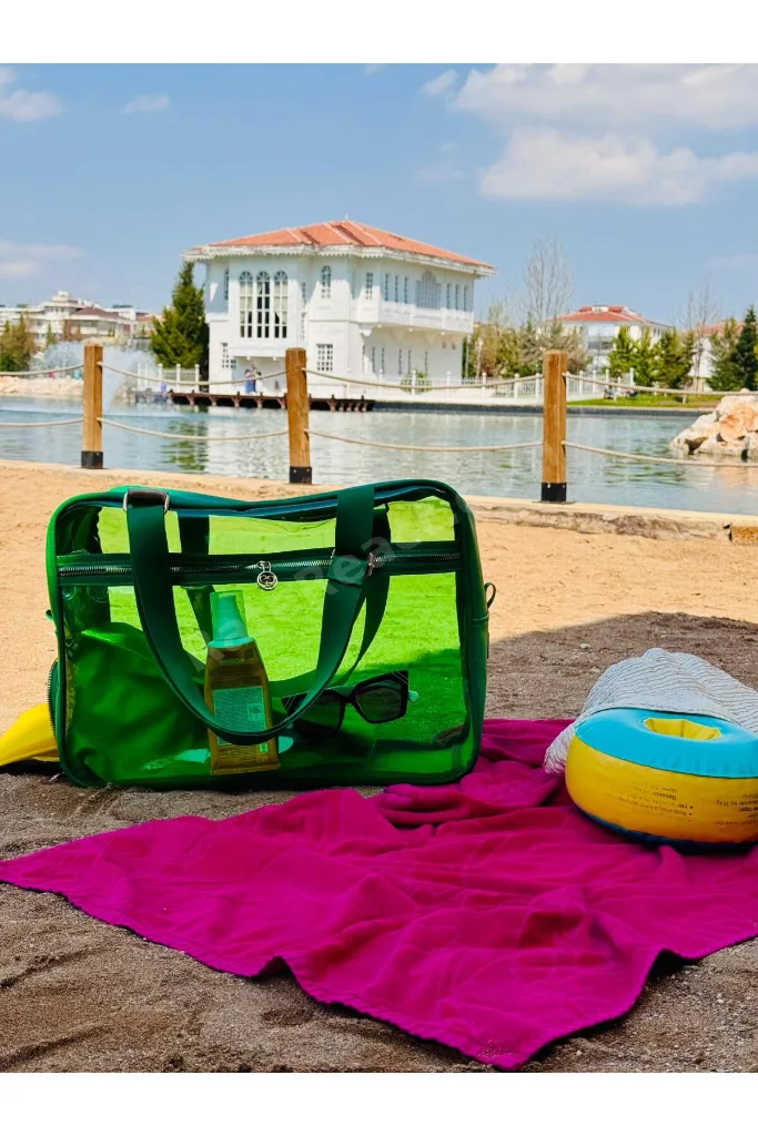 Neon Suni Deri & Renkli Şeffaf PVC Yıkanabilir Islak ve Kumlu Eşya Cebi Olan Plaj Çantası
