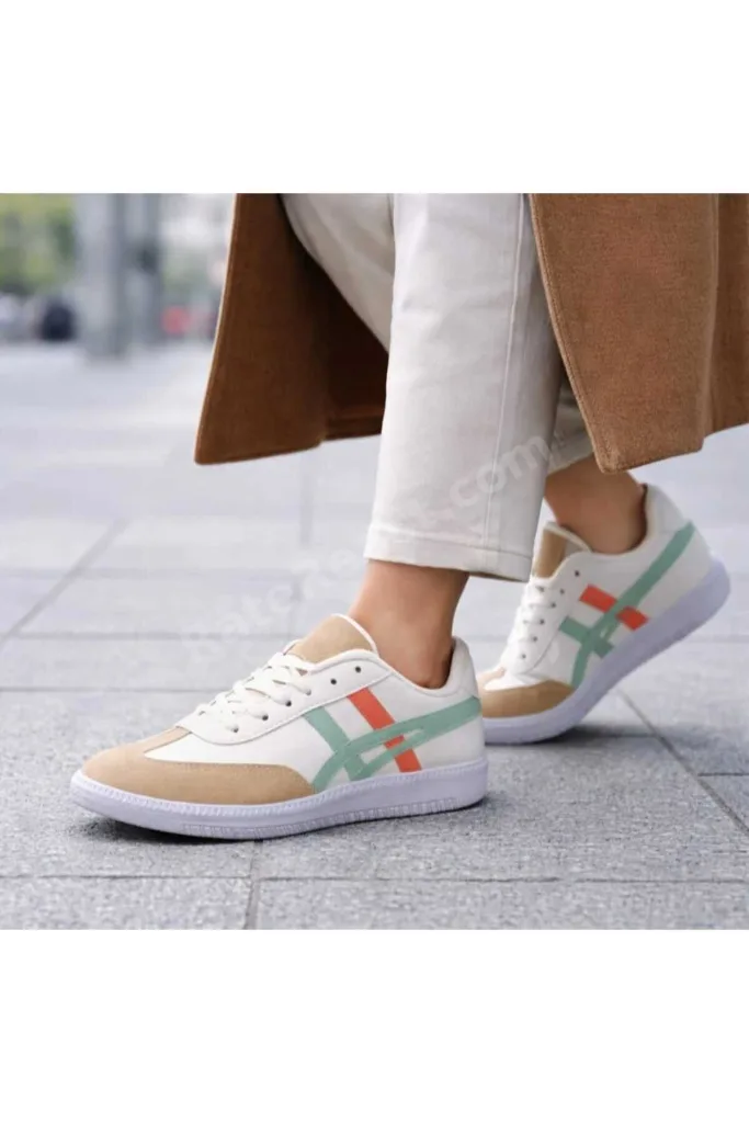 Kadın Günlük Spor Ayakkabı Bağcıklı Rahat Taban Casual Sneaker - Bej/Beyaz Mint Turuncu Detaylı