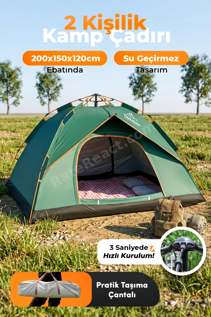 Outdoor AC6634 Otomatik Kamp Çadırı Yeşil 200x150x120 cm Çift Katmanlı Su Geçirmez 3 Saniyede