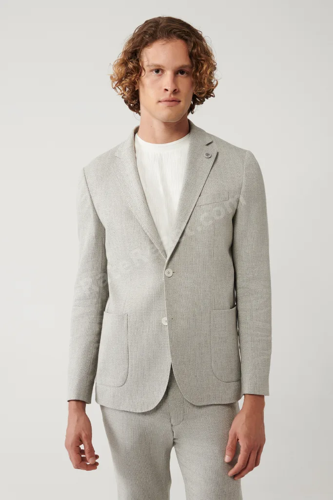 Erkek Gri Astarsız Keten Karışımlı Lightweight Comfort Slim Fit Ceket A41Y4029