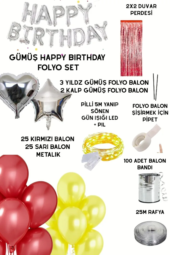 Gümüş Happy Birthday Folyo Balon Seti Sarı Kırmızı Doğum Günü Parti Süsleri