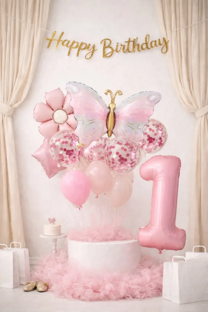Kelebek Konsept Doğum Günü Balon Seti – Pudra Pembe Gold Happy Birthday Bannerlı Folyo Rakam Balon