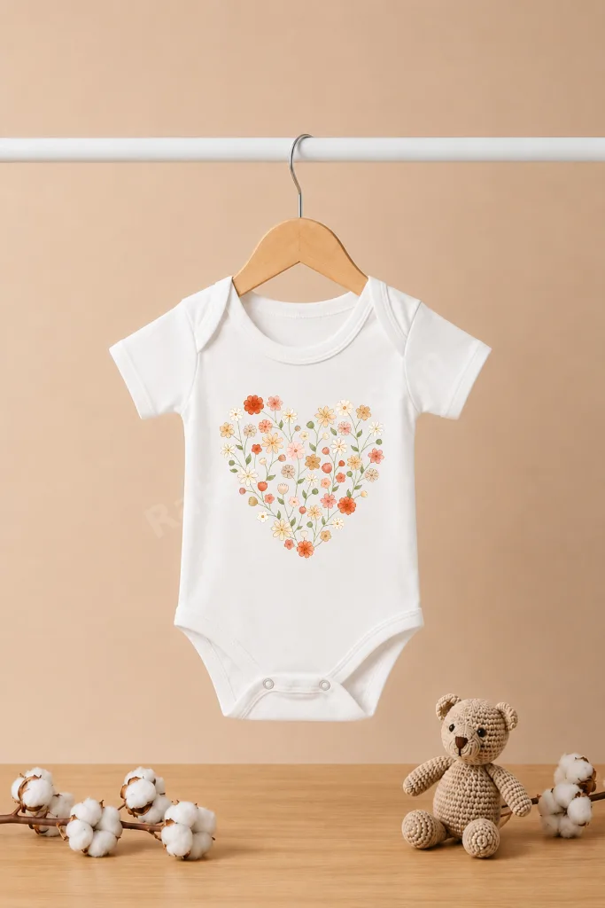 Çiçek Kalp Baskılı Kısa Kollu Bebek Zıbını Çıtçıtlı Body Beyaz %100 Pamuk