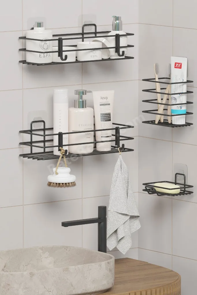 Yapışkanlı Banyo Seti Duş Rafı + Sabunluk + Diş Fırçalık Metal Set